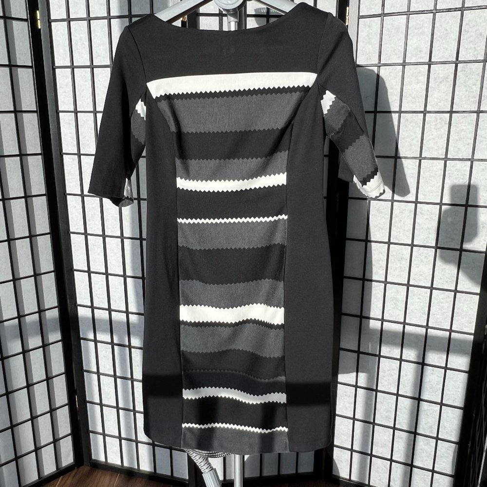Gabby Skye Size 8 Sheath Tunic Striped Black Gray & White w/ Red Zipper Back